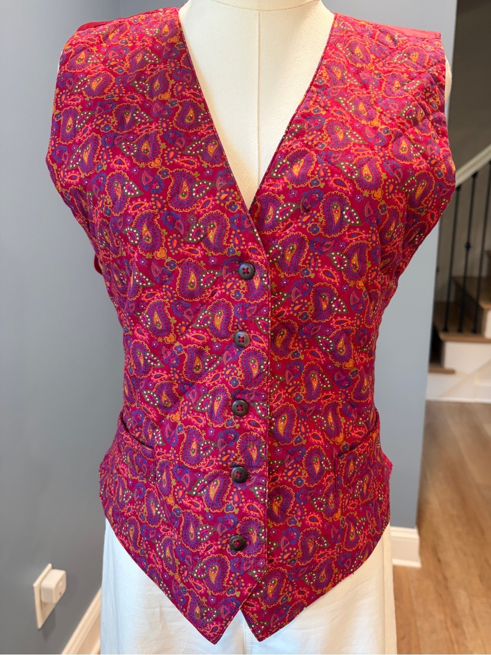Vintage Lizsport Vintage Paisley Button Front Vest Pink Red Cotton Large